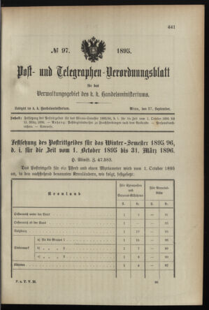 Post- und Telegraphen-Verordnungsblatt für das Verwaltungsgebiet des K.-K. Handelsministeriums 18950927 Seite: 1