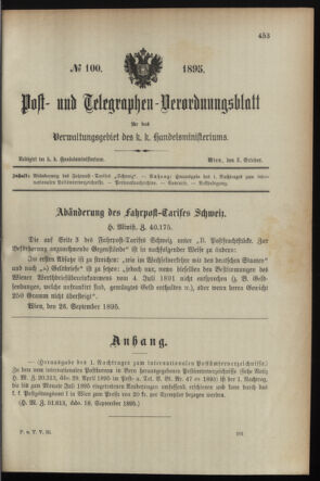 Post- und Telegraphen-Verordnungsblatt für das Verwaltungsgebiet des K.-K. Handelsministeriums 18951003 Seite: 1