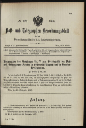 Post- und Telegraphen-Verordnungsblatt für das Verwaltungsgebiet des K.-K. Handelsministeriums 18951005 Seite: 1