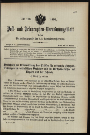 Post- und Telegraphen-Verordnungsblatt für das Verwaltungsgebiet des K.-K. Handelsministeriums 18951018 Seite: 1