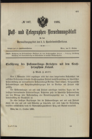 Post- und Telegraphen-Verordnungsblatt für das Verwaltungsgebiet des K.-K. Handelsministeriums 18951021 Seite: 1