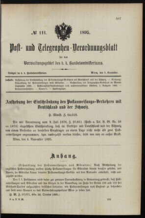 Post- und Telegraphen-Verordnungsblatt für das Verwaltungsgebiet des K.-K. Handelsministeriums 18951109 Seite: 1