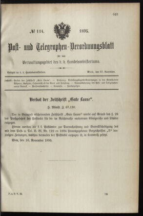 Post- und Telegraphen-Verordnungsblatt für das Verwaltungsgebiet des K.-K. Handelsministeriums 18951120 Seite: 1