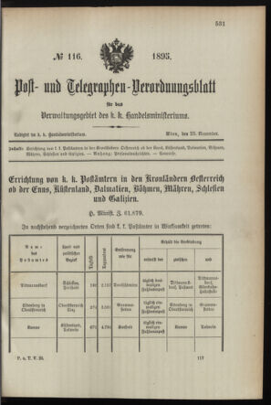 Post- und Telegraphen-Verordnungsblatt für das Verwaltungsgebiet des K.-K. Handelsministeriums 18951125 Seite: 1