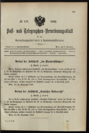 Post- und Telegraphen-Verordnungsblatt für das Verwaltungsgebiet des K.-K. Handelsministeriums 18951127 Seite: 1