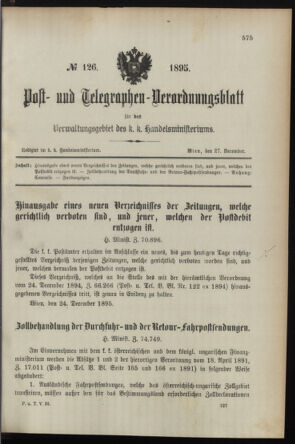 Post- und Telegraphen-Verordnungsblatt für das Verwaltungsgebiet des K.-K. Handelsministeriums 18951227 Seite: 1