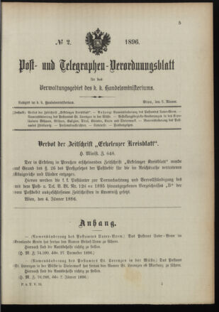 Post- und Telegraphen-Verordnungsblatt für das Verwaltungsgebiet des K.-K. Handelsministeriums 18960108 Seite: 1