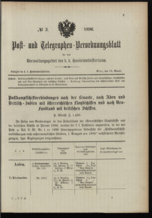 Post- und Telegraphen-Verordnungsblatt für das Verwaltungsgebiet des K.-K. Handelsministeriums 18960113 Seite: 1