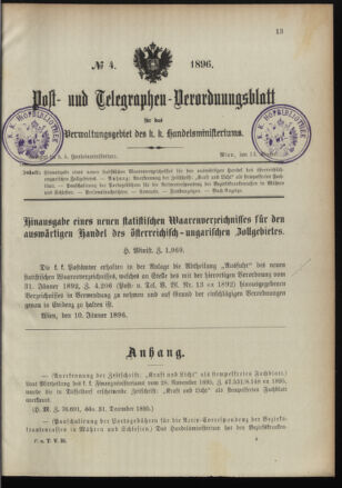 Post- und Telegraphen-Verordnungsblatt für das Verwaltungsgebiet des K.-K. Handelsministeriums 18960114 Seite: 1