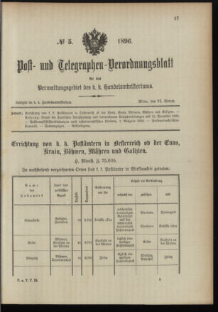 Post- und Telegraphen-Verordnungsblatt für das Verwaltungsgebiet des K.-K. Handelsministeriums 18960124 Seite: 1