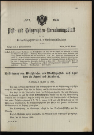 Post- und Telegraphen-Verordnungsblatt für das Verwaltungsgebiet des K.-K. Handelsministeriums 18960131 Seite: 1