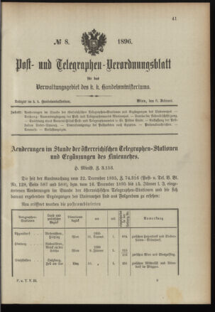 Post- und Telegraphen-Verordnungsblatt für das Verwaltungsgebiet des K.-K. Handelsministeriums 18960206 Seite: 1