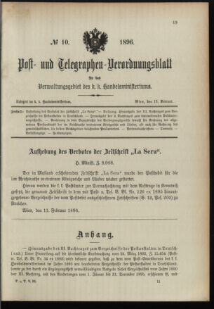 Post- und Telegraphen-Verordnungsblatt für das Verwaltungsgebiet des K.-K. Handelsministeriums 18960213 Seite: 1