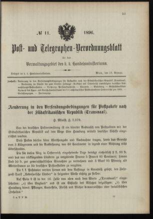 Post- und Telegraphen-Verordnungsblatt für das Verwaltungsgebiet des K.-K. Handelsministeriums 18960218 Seite: 1