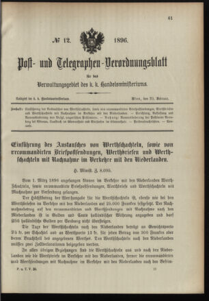 Post- und Telegraphen-Verordnungsblatt für das Verwaltungsgebiet des K.-K. Handelsministeriums 18960220 Seite: 1