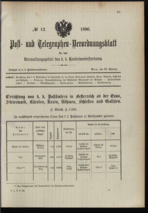 Post- und Telegraphen-Verordnungsblatt für das Verwaltungsgebiet des K.-K. Handelsministeriums 18960225 Seite: 1