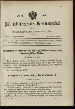 Post- und Telegraphen-Verordnungsblatt für das Verwaltungsgebiet des K.-K. Handelsministeriums 18960226 Seite: 1