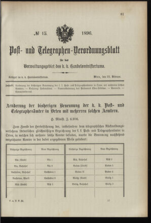 Post- und Telegraphen-Verordnungsblatt für das Verwaltungsgebiet des K.-K. Handelsministeriums 18960228 Seite: 1