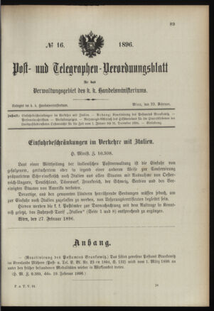 Post- und Telegraphen-Verordnungsblatt für das Verwaltungsgebiet des K.-K. Handelsministeriums 18960229 Seite: 1