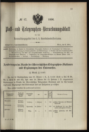 Post- und Telegraphen-Verordnungsblatt für das Verwaltungsgebiet des K.-K. Handelsministeriums 18960305 Seite: 1