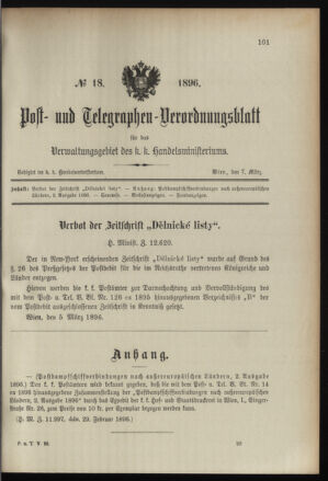 Post- und Telegraphen-Verordnungsblatt für das Verwaltungsgebiet des K.-K. Handelsministeriums 18960307 Seite: 1