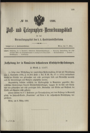 Post- und Telegraphen-Verordnungsblatt für das Verwaltungsgebiet des K.-K. Handelsministeriums 18960316 Seite: 1