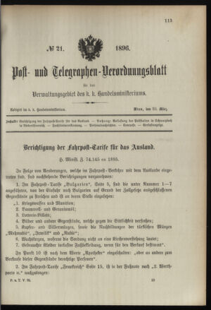 Post- und Telegraphen-Verordnungsblatt für das Verwaltungsgebiet des K.-K. Handelsministeriums 18960320 Seite: 1