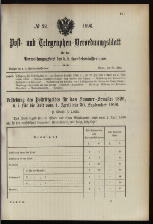 Post- und Telegraphen-Verordnungsblatt für das Verwaltungsgebiet des K.-K. Handelsministeriums 18960324 Seite: 1