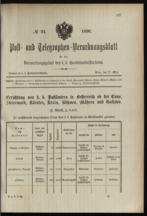 Post- und Telegraphen-Verordnungsblatt für das Verwaltungsgebiet des K.-K. Handelsministeriums 18960327 Seite: 1