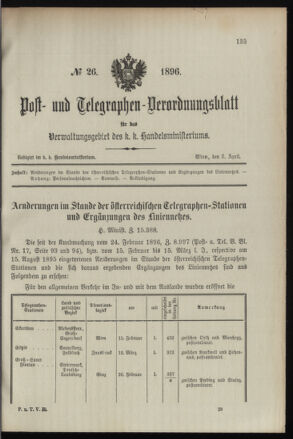 Post- und Telegraphen-Verordnungsblatt für das Verwaltungsgebiet des K.-K. Handelsministeriums 18960403 Seite: 1