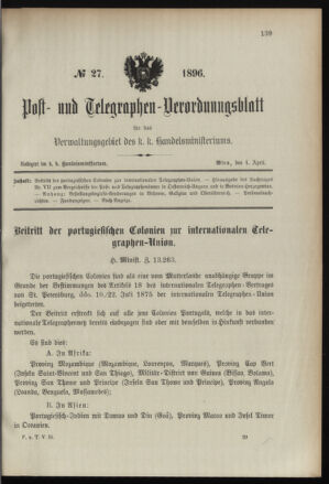 Post- und Telegraphen-Verordnungsblatt für das Verwaltungsgebiet des K.-K. Handelsministeriums 18960404 Seite: 1