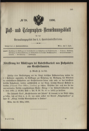 Post- und Telegraphen-Verordnungsblatt für das Verwaltungsgebiet des K.-K. Handelsministeriums 18960408 Seite: 1