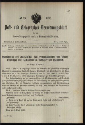 Post- und Telegraphen-Verordnungsblatt für das Verwaltungsgebiet des K.-K. Handelsministeriums 18960415 Seite: 1