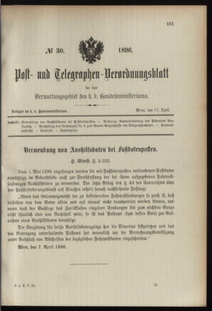 Post- und Telegraphen-Verordnungsblatt für das Verwaltungsgebiet des K.-K. Handelsministeriums 18960417 Seite: 1