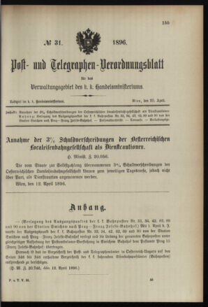 Post- und Telegraphen-Verordnungsblatt für das Verwaltungsgebiet des K.-K. Handelsministeriums 18960420 Seite: 1