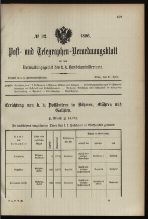 Post- und Telegraphen-Verordnungsblatt für das Verwaltungsgebiet des K.-K. Handelsministeriums 18960421 Seite: 1