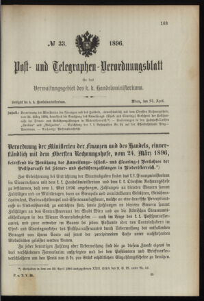 Post- und Telegraphen-Verordnungsblatt für das Verwaltungsgebiet des K.-K. Handelsministeriums 18960425 Seite: 1