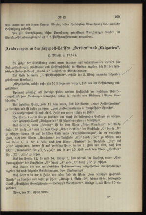 Post- und Telegraphen-Verordnungsblatt für das Verwaltungsgebiet des K.-K. Handelsministeriums 18960425 Seite: 3