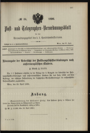 Post- und Telegraphen-Verordnungsblatt für das Verwaltungsgebiet des K.-K. Handelsministeriums 18960430 Seite: 1