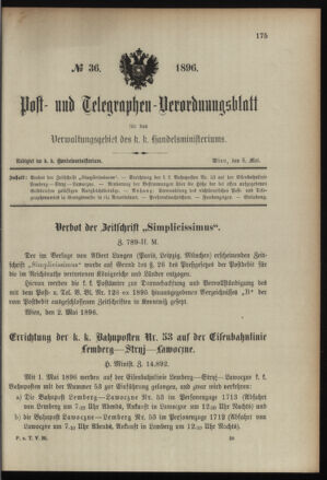 Post- und Telegraphen-Verordnungsblatt für das Verwaltungsgebiet des K.-K. Handelsministeriums 18960505 Seite: 1