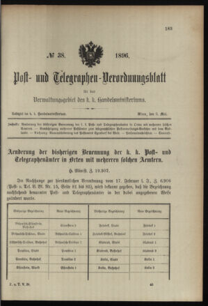 Post- und Telegraphen-Verordnungsblatt für das Verwaltungsgebiet des K.-K. Handelsministeriums 18960509 Seite: 1