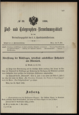 Post- und Telegraphen-Verordnungsblatt für das Verwaltungsgebiet des K.-K. Handelsministeriums 18960516 Seite: 1