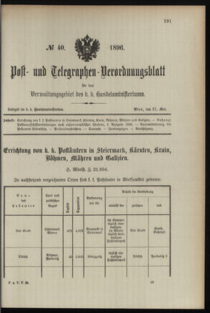 Post- und Telegraphen-Verordnungsblatt für das Verwaltungsgebiet des K.-K. Handelsministeriums 18960521 Seite: 1