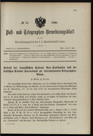 Post- und Telegraphen-Verordnungsblatt für das Verwaltungsgebiet des K.-K. Handelsministeriums 18960527 Seite: 1