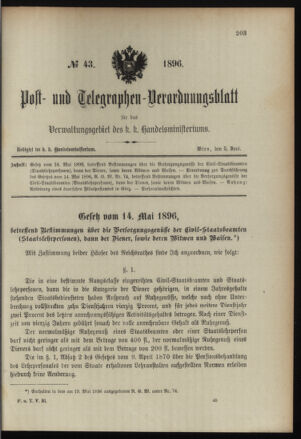 Post- und Telegraphen-Verordnungsblatt für das Verwaltungsgebiet des K.-K. Handelsministeriums 18960605 Seite: 1