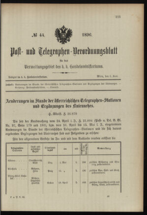 Post- und Telegraphen-Verordnungsblatt für das Verwaltungsgebiet des K.-K. Handelsministeriums 18960608 Seite: 1