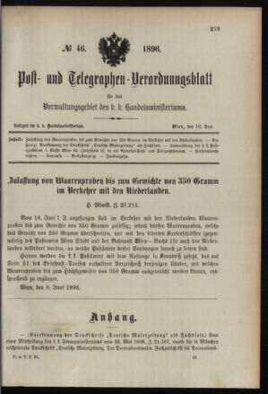 Post- und Telegraphen-Verordnungsblatt für das Verwaltungsgebiet des K.-K. Handelsministeriums 18960616 Seite: 1