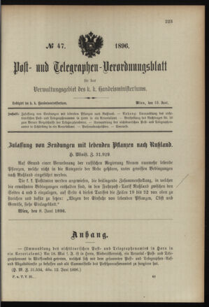 Post- und Telegraphen-Verordnungsblatt für das Verwaltungsgebiet des K.-K. Handelsministeriums 18960618 Seite: 1