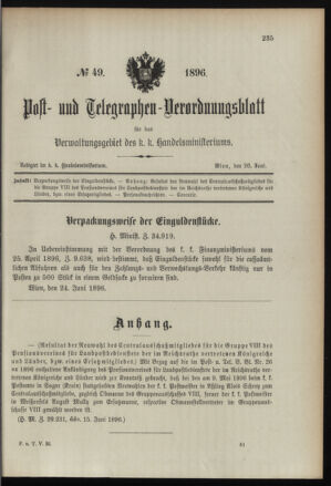 Post- und Telegraphen-Verordnungsblatt für das Verwaltungsgebiet des K.-K. Handelsministeriums 18960626 Seite: 1