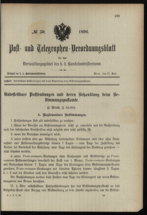 Post- und Telegraphen-Verordnungsblatt für das Verwaltungsgebiet des K.-K. Handelsministeriums 18960627 Seite: 1